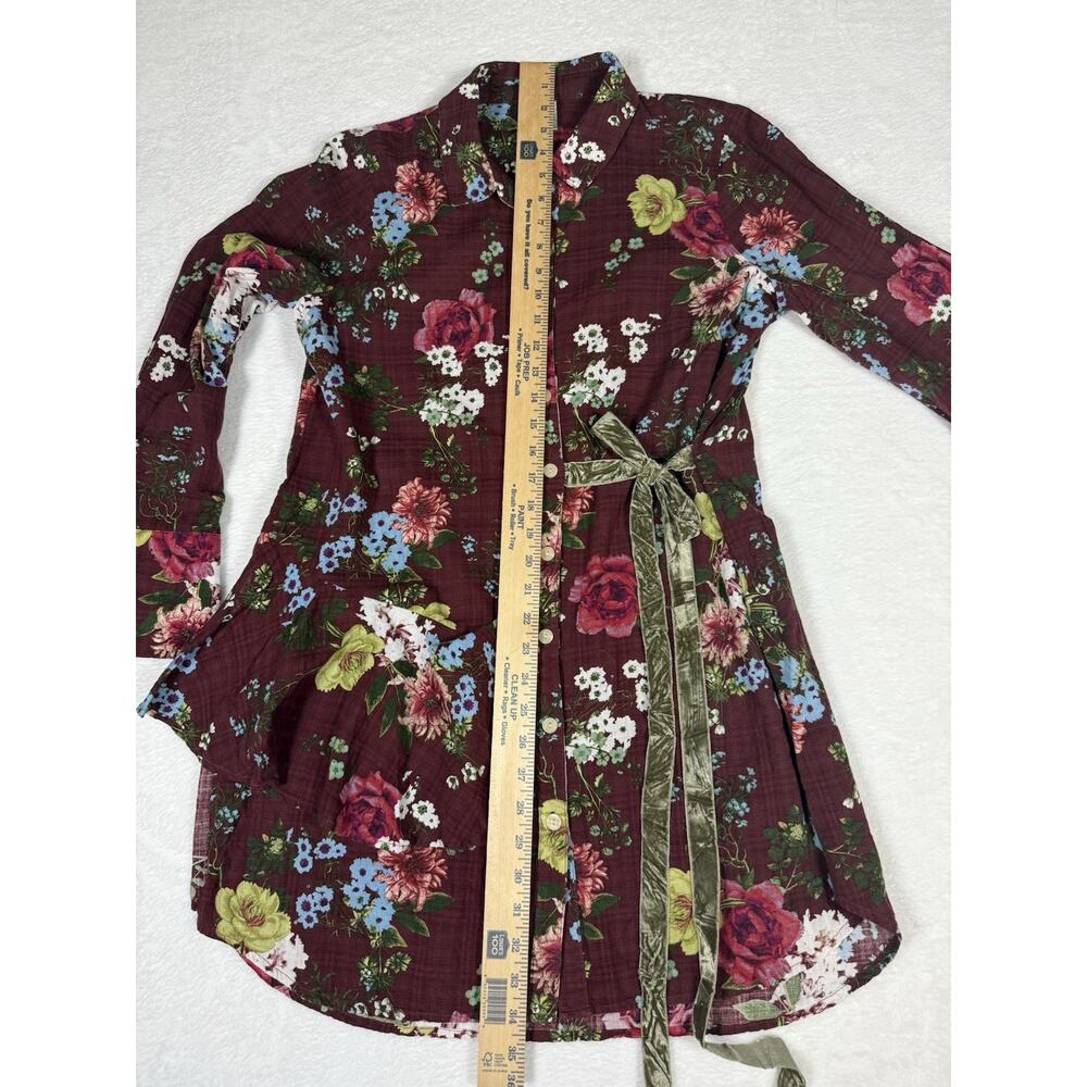 Ivy Jane Women’s Tunic Shirt Dress Sz S Burgundy Floral Ruffled Velvet Tie - Picture 12 of 12